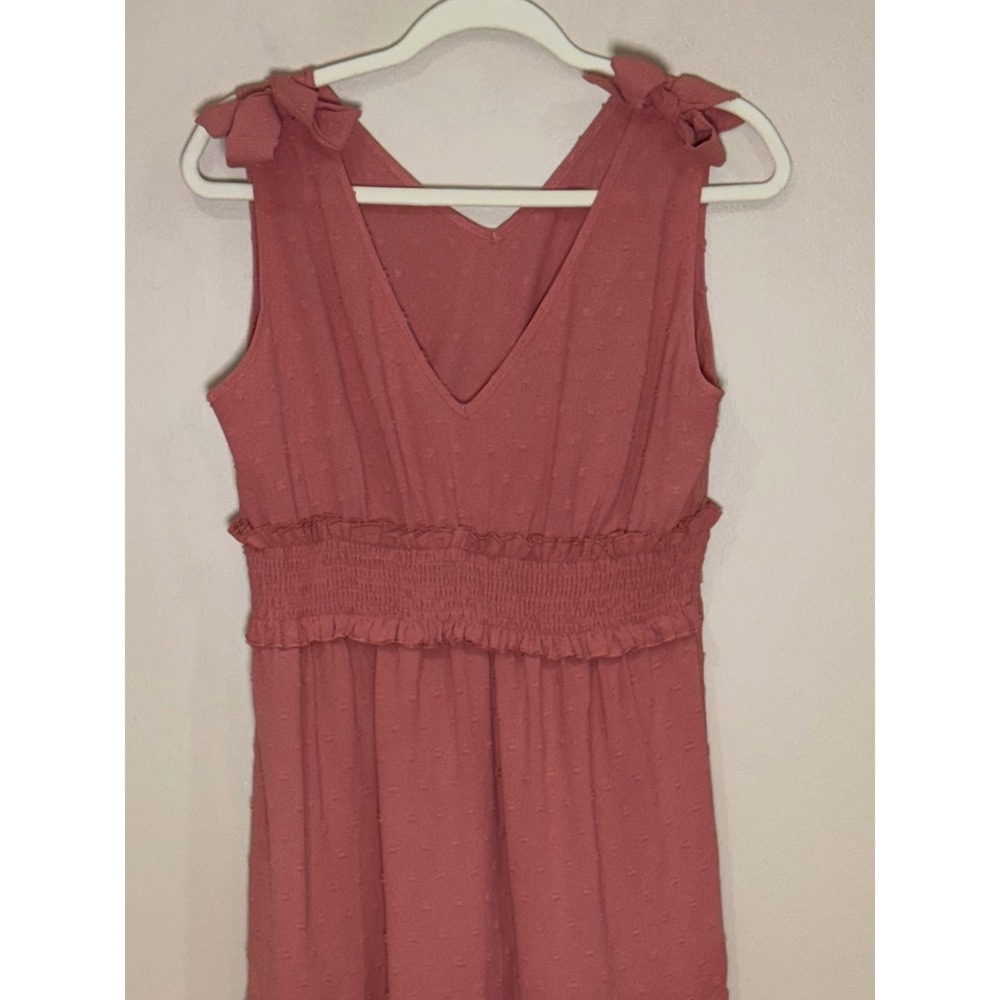 Pink Orange Swiss Dot Maxi Dress Large Boho Tiered Tie Shoulder Smocked - Picture 3 of 5